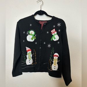 Vintage 90s Snowman Christmas sweater - Button up black cardigan - Size medium